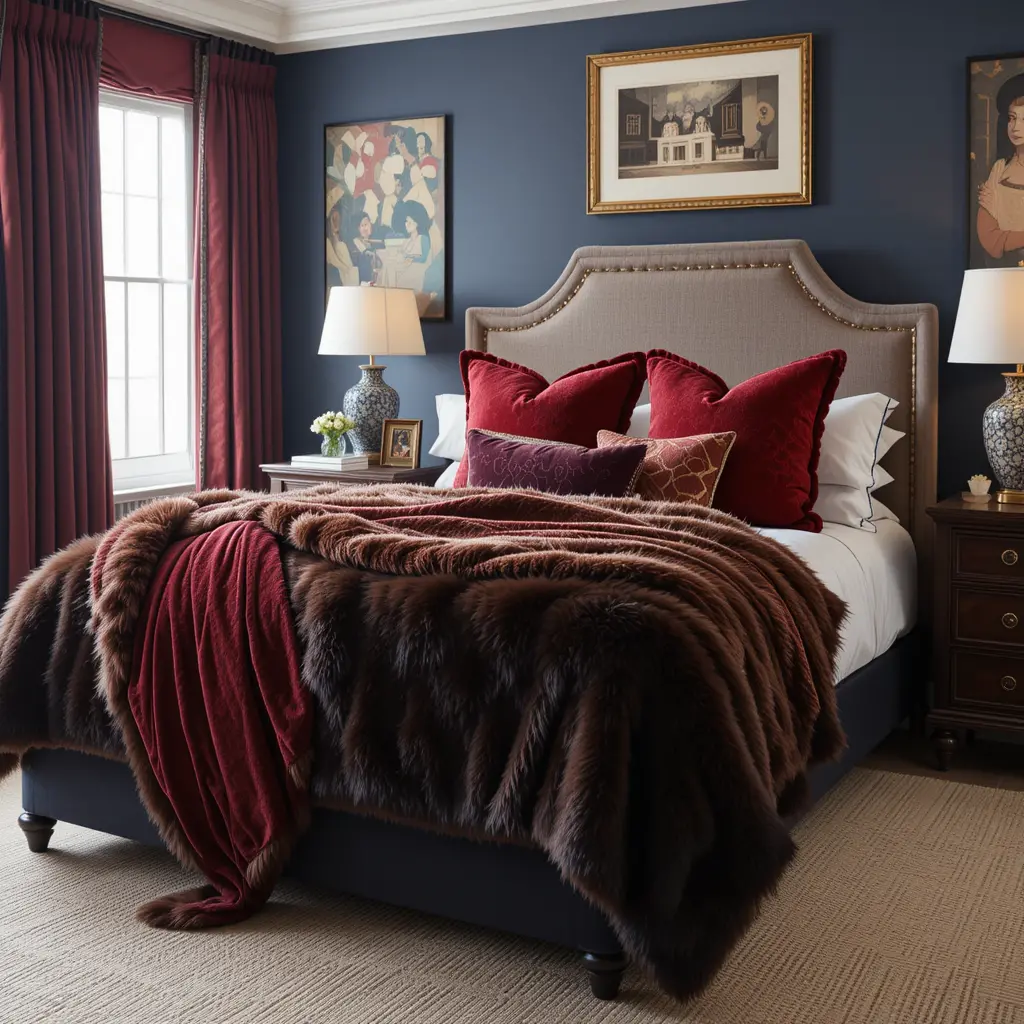 Cozy Preppy Bedroom with Fur Throws