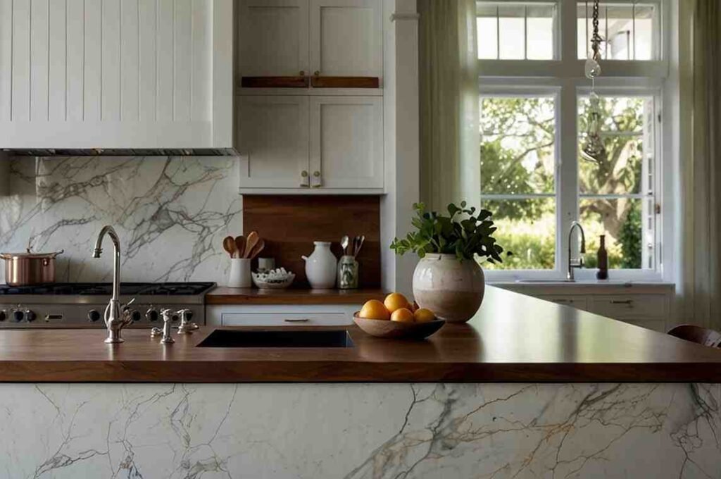 Custom Wooden Countertops with White Marble Island