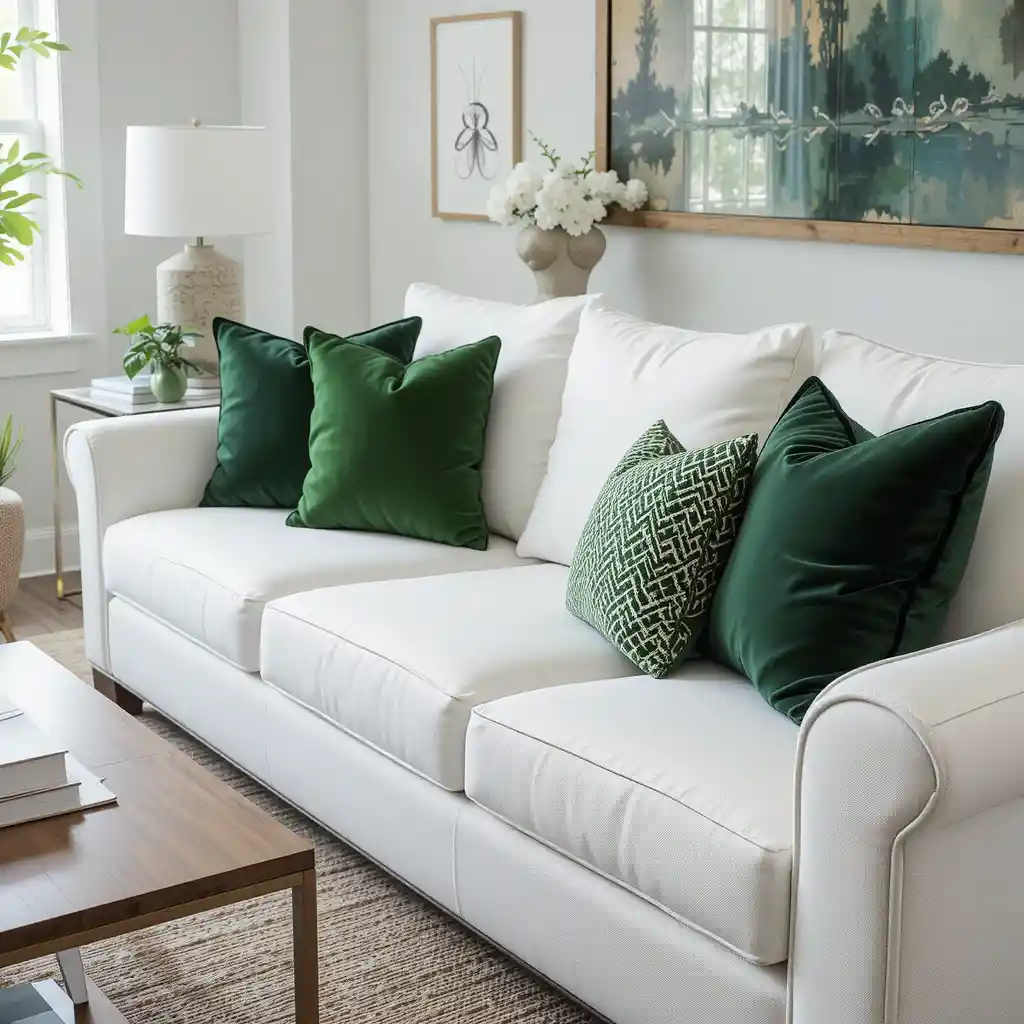 Dark Green Accent Pillows on White Sofa