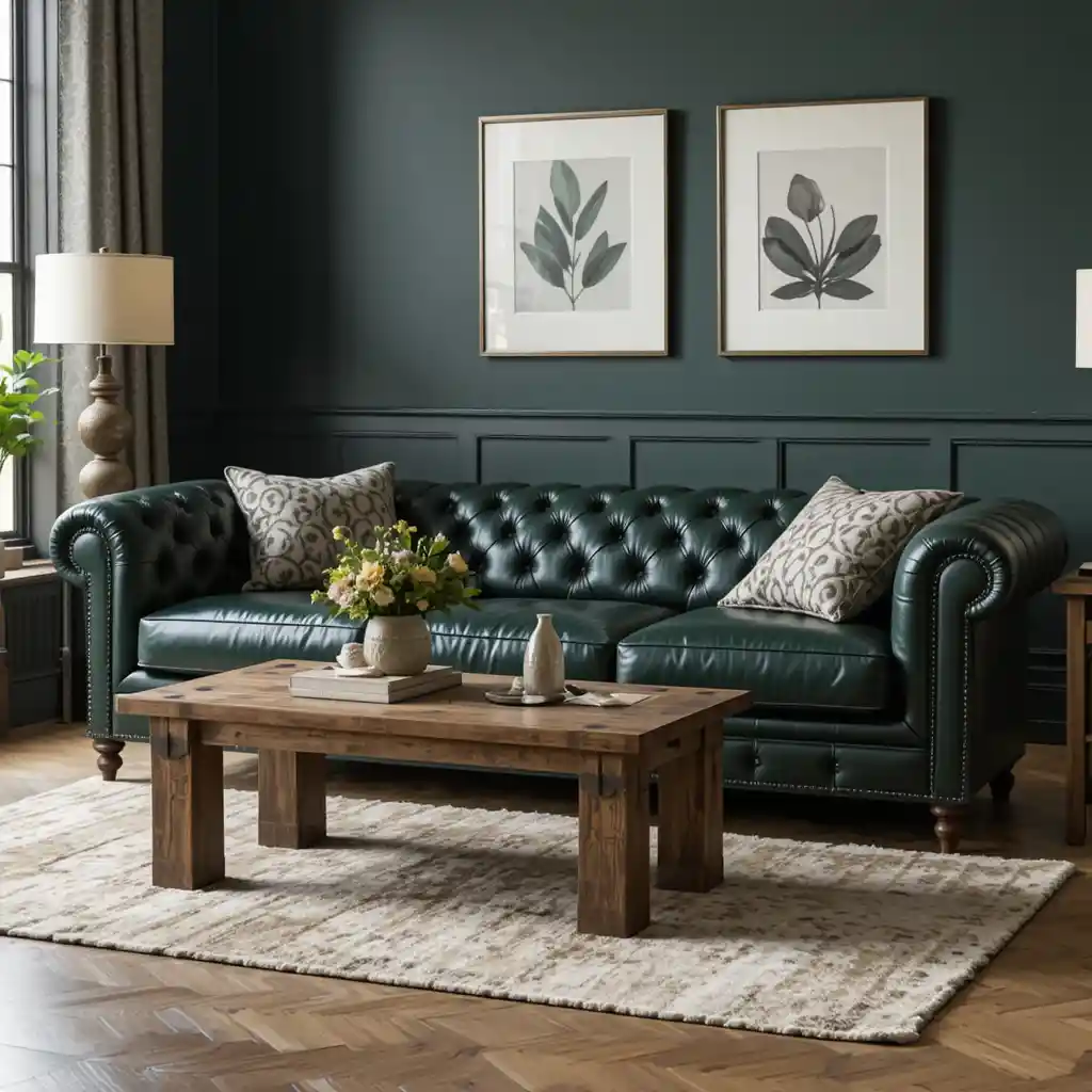 Dark Green Leather Sofa with Wood Coffee Table
