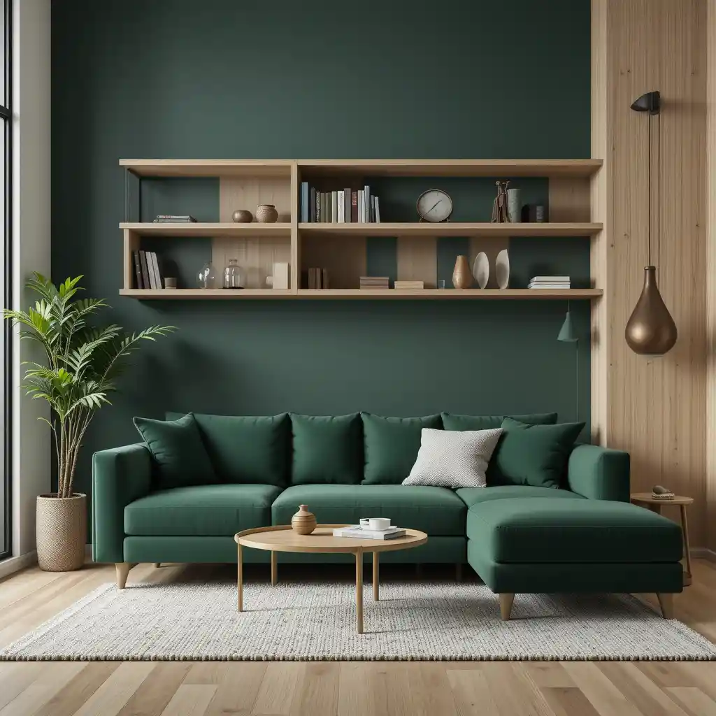 Deep Green Sofa with Light Wooden Shelves