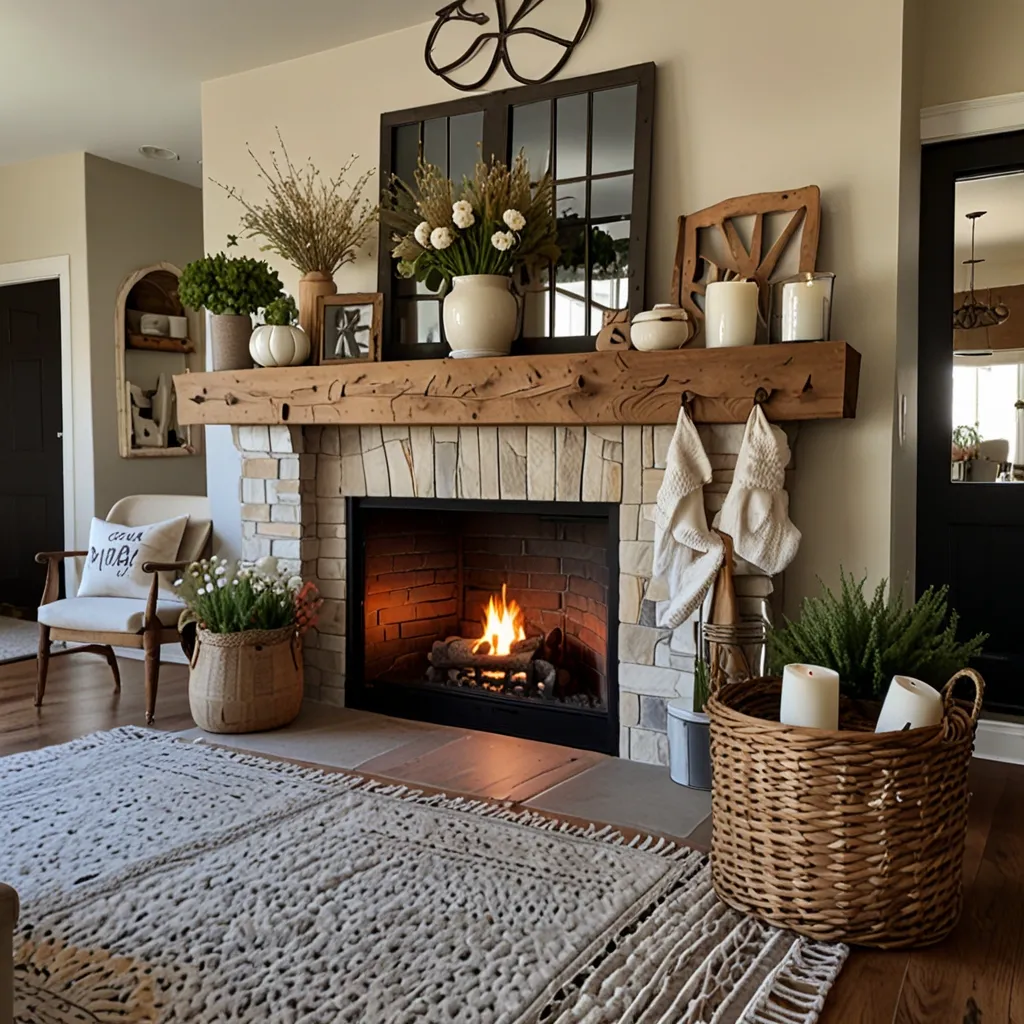 Farmhouse Mantle with Woven Baskets