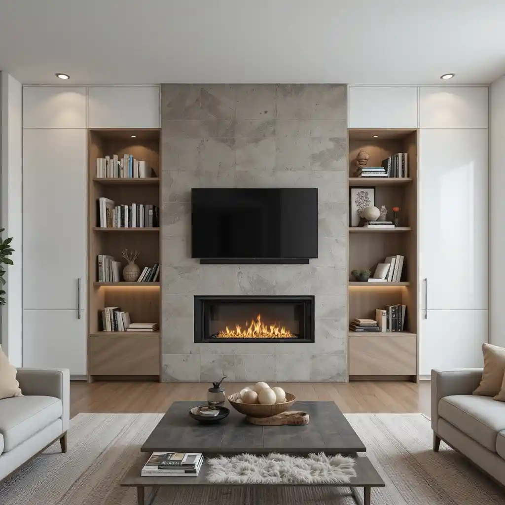 Fireplace with Built-In Wall Storage