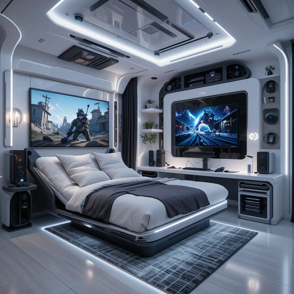 Futuristic Gaming Room with Adjustable Bed