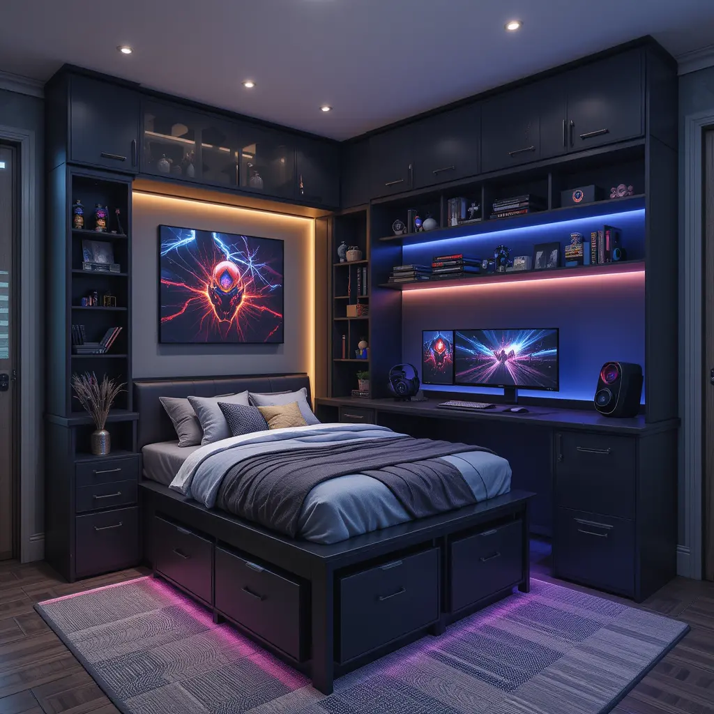 Gaming Room with Built-in Bed Frame and Storage