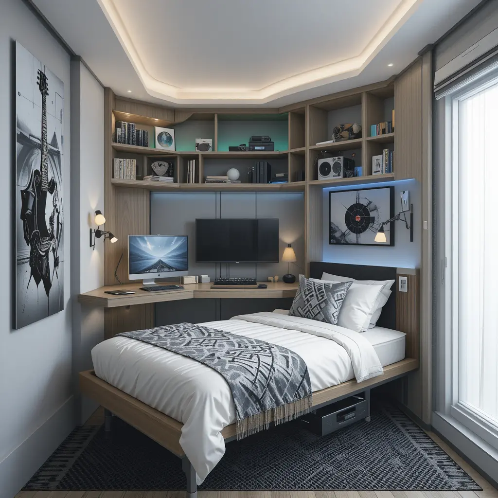 Gaming Room with Wall-Mounted Bed and Desk