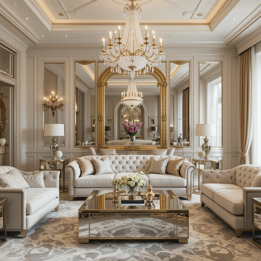 Glamorous Touches with Crystal Chandeliers and Mirrored Furniture