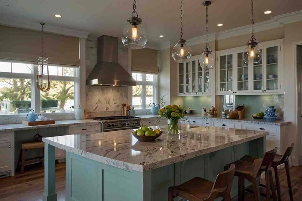 Glass Pendant Lighting over the Island