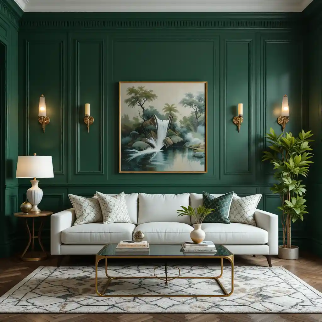 Green Walls with White and Gold Lighting