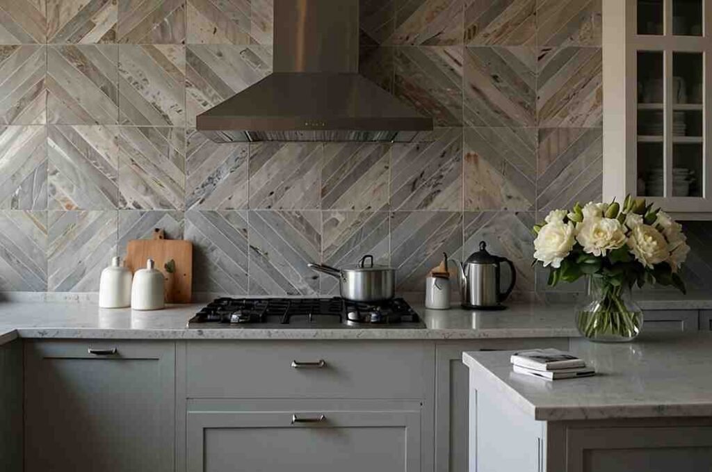 Herringbone Tile Backsplash with Soft Grey Tones