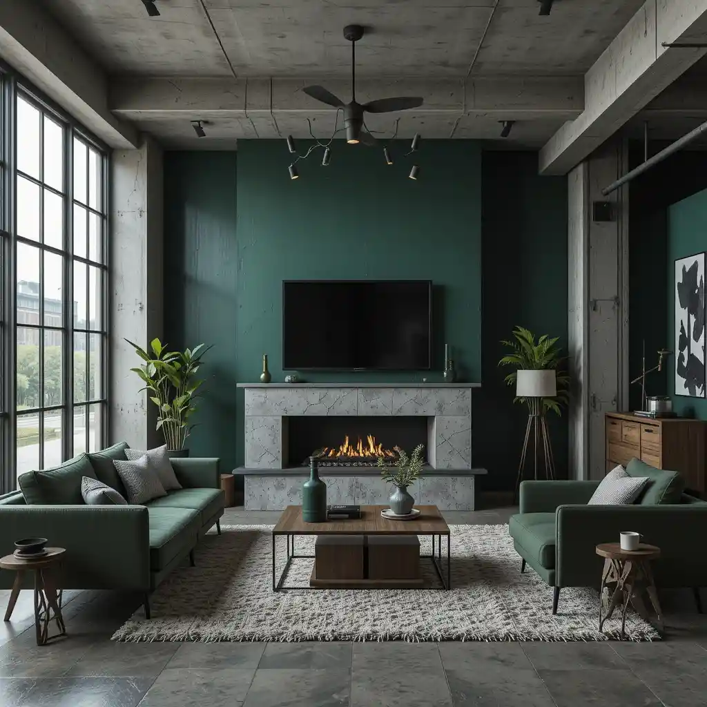 Industrial Green Living Room with Concrete Accents