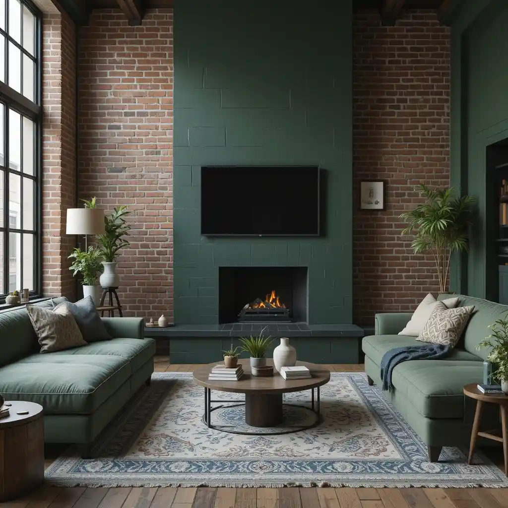 Industrial Green with Exposed Brick Walls