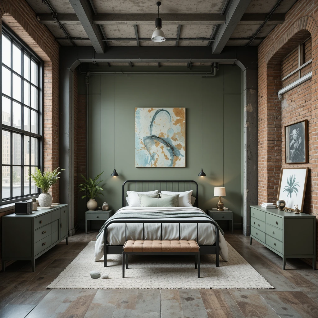 Industrial Sage Green Loft Bedroom