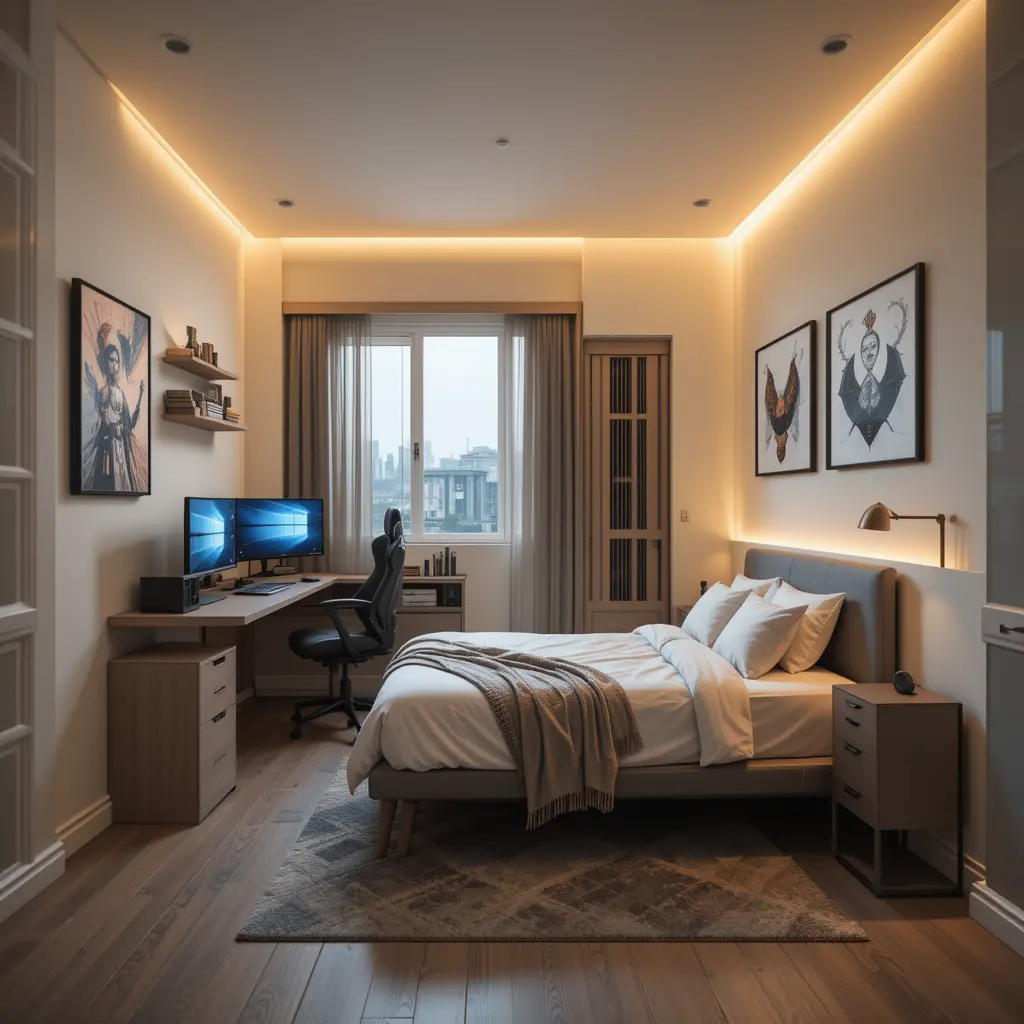 L-Shaped Gaming Room Layout with Bed