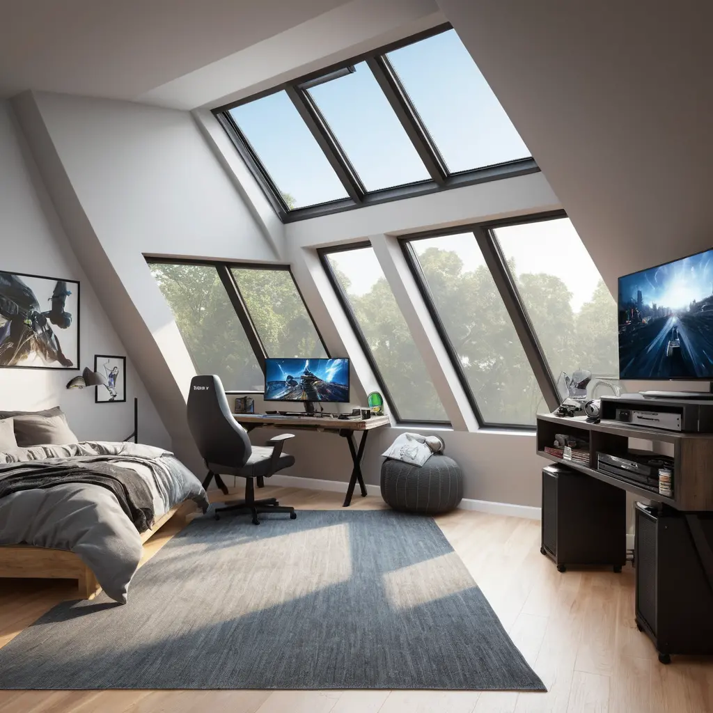 Loft Gaming Bedroom with Skylight Views