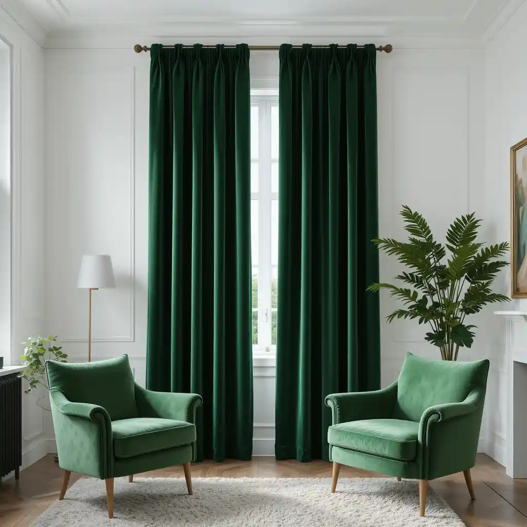 Luxe Green Velvet Curtains with White Walls