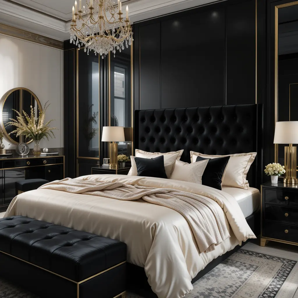 Luxurious Black and Cream Bedroom with Silk Bedding