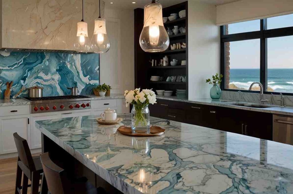 Marble Countertops with Ocean-Inspired Veining