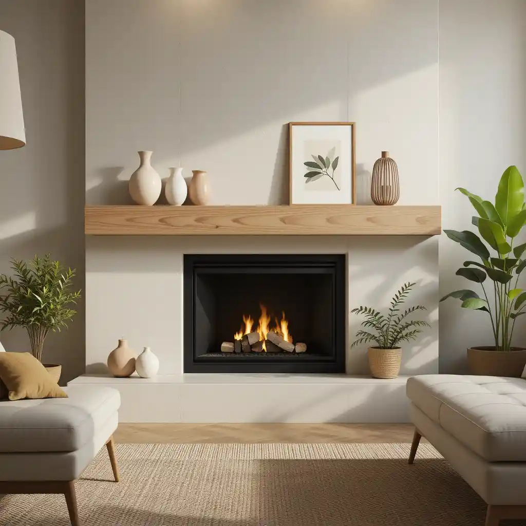 Mid-Century Modern Fireplace with Wooden Mantel
