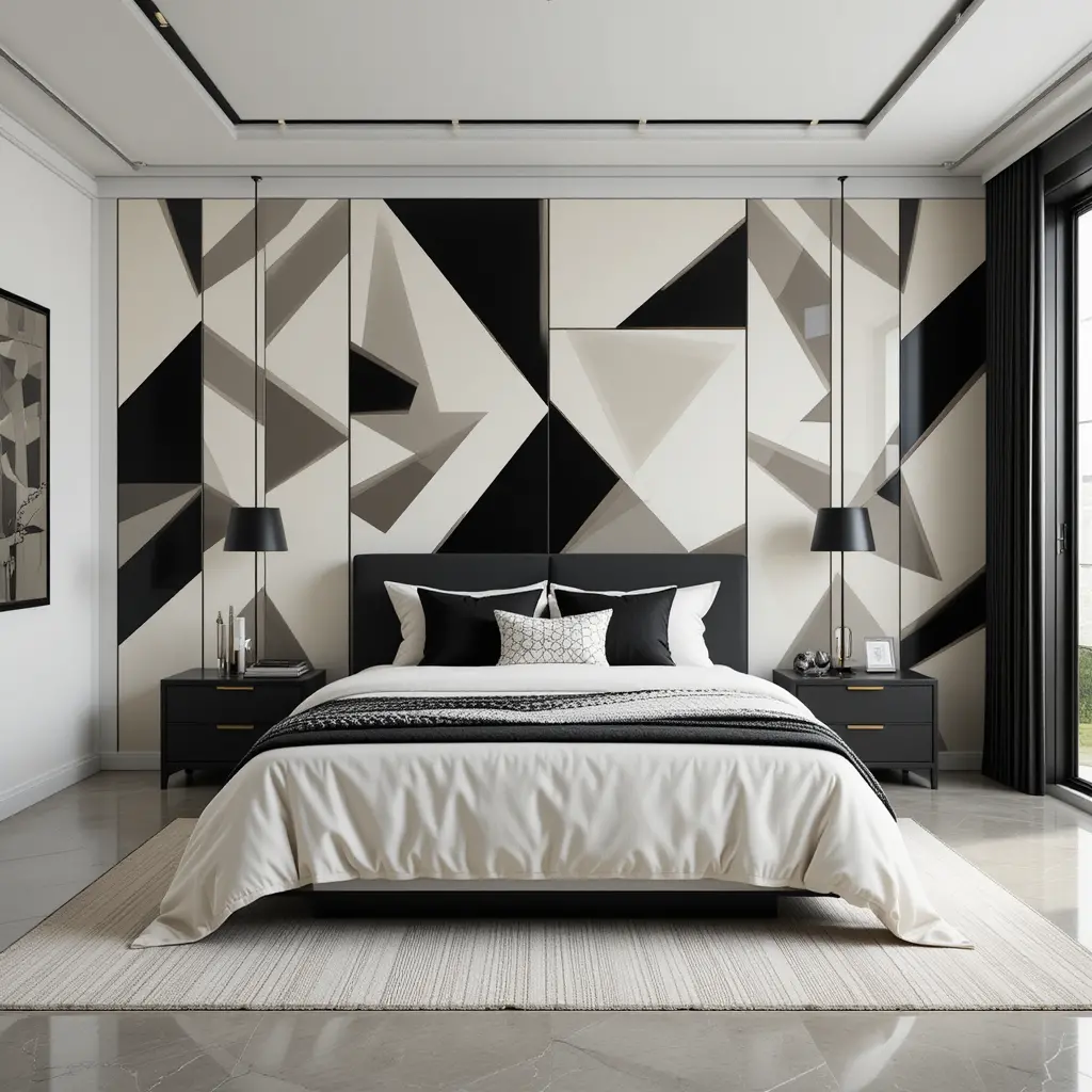 Monochrome Black and Cream Bedroom with Geometric Patterns