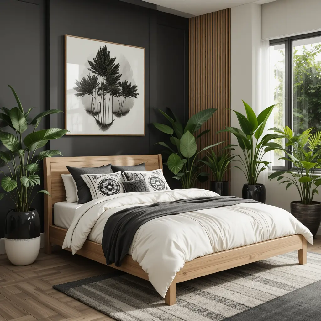 Nature-Inspired Black and Cream Bedroom