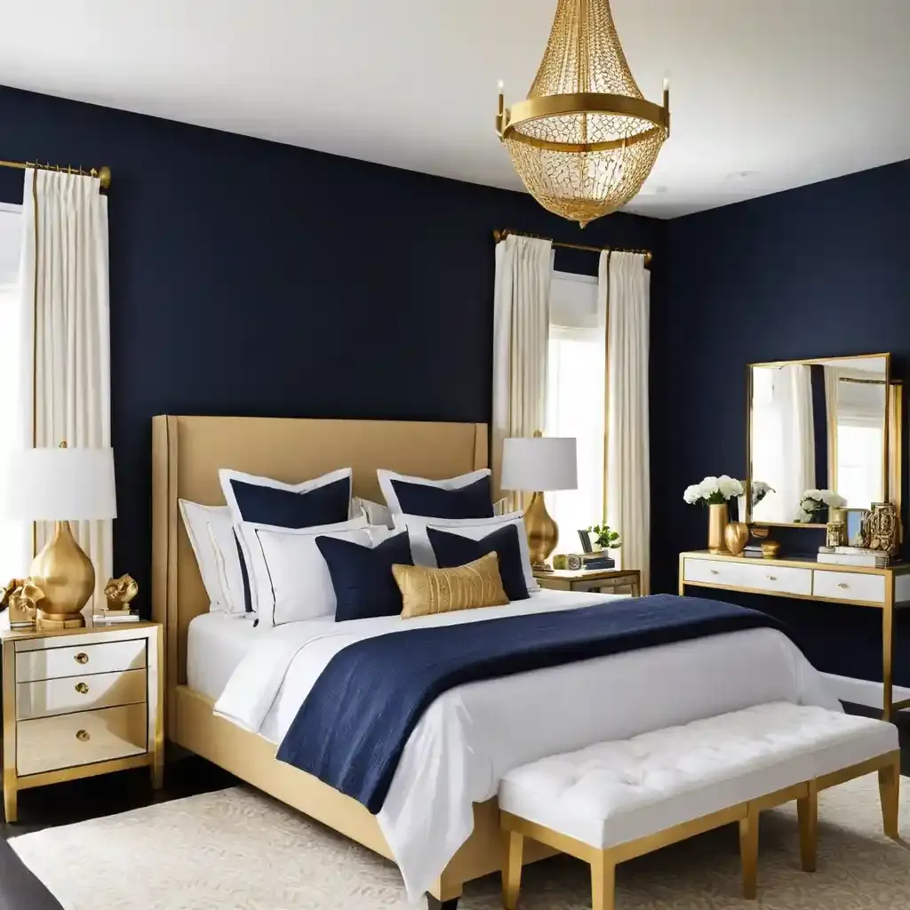 Navy Blue Accent Wall with Gold Decor