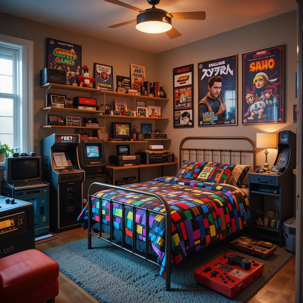 Retro Gaming Room with Vintage Bed