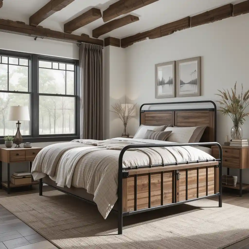Rustic Metal Bedframe with Wooden Features