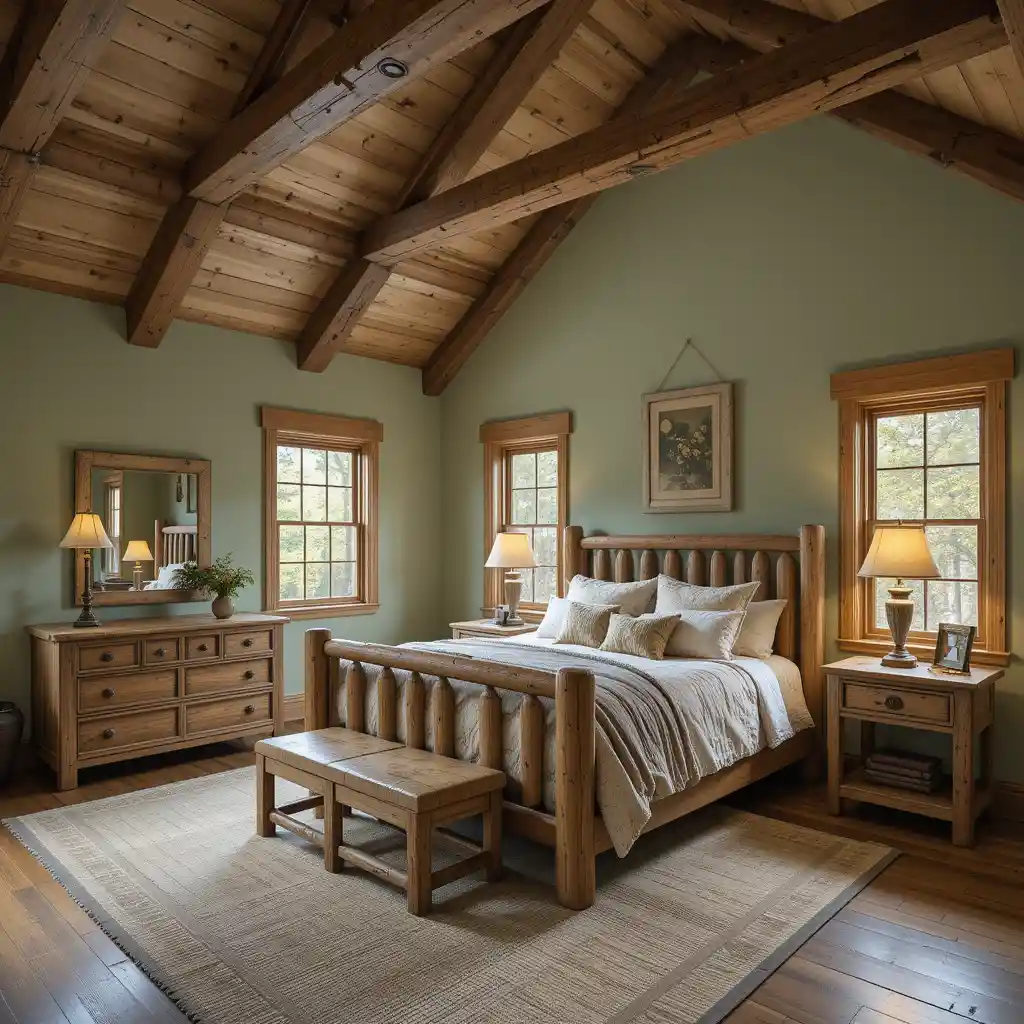 Rustic Sage Green Bedroom with Wood Beams