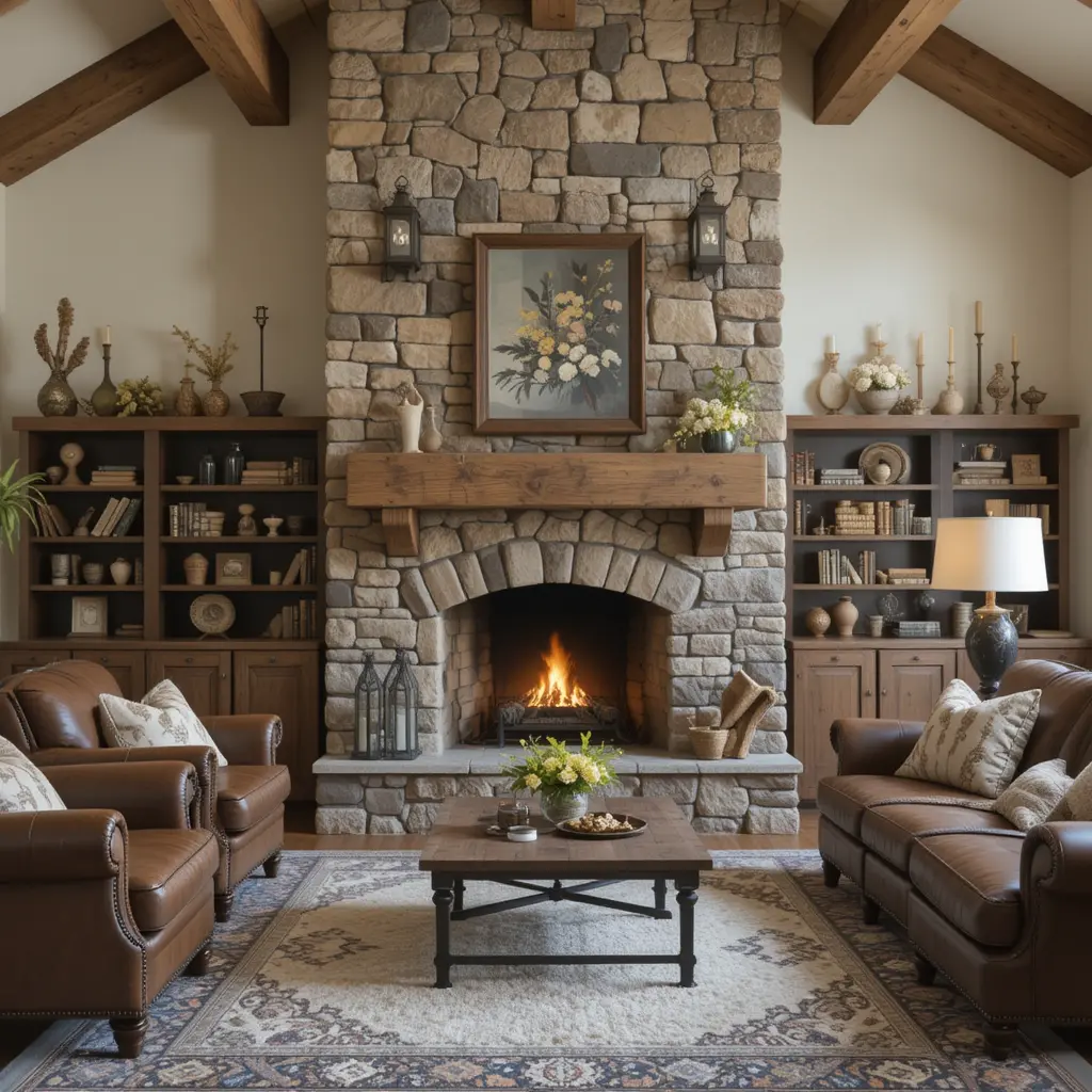 Rustic Stone Fireplace Centerpiece