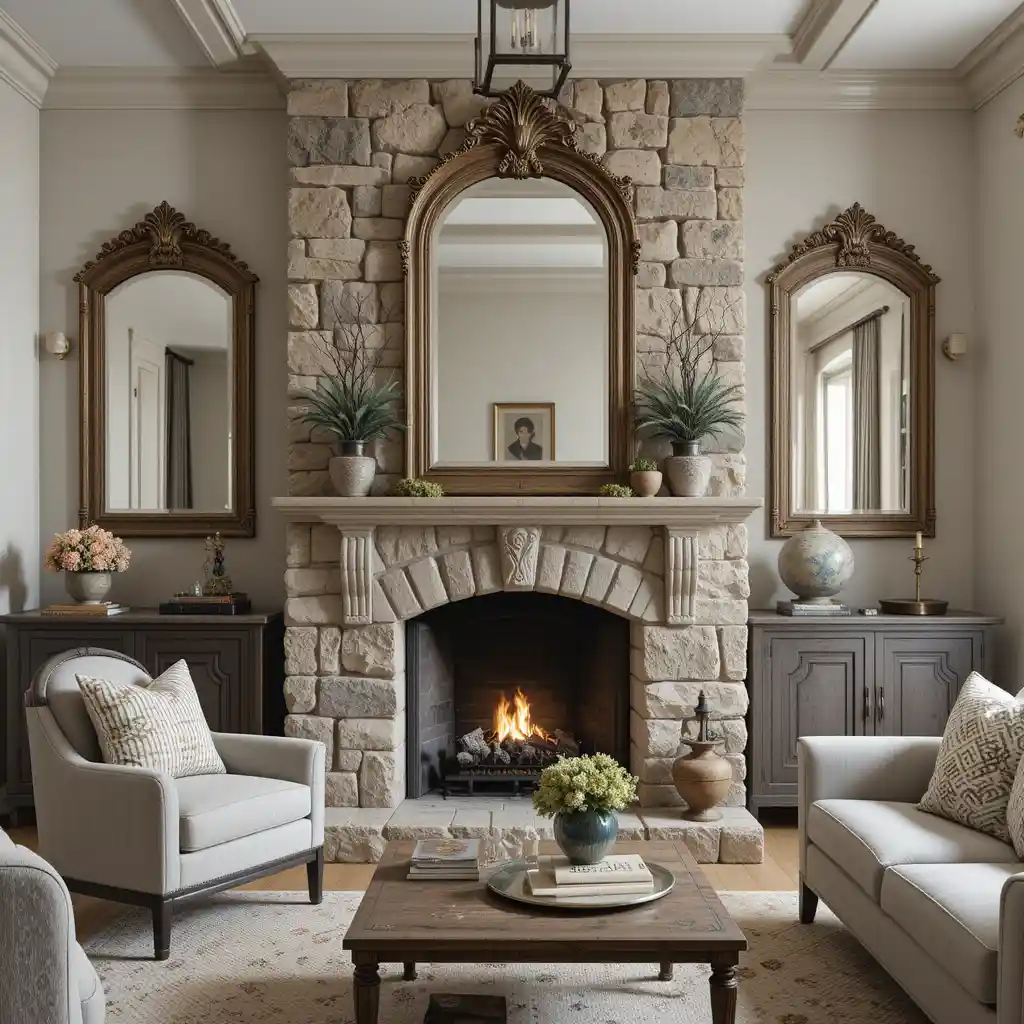 Rustic Stone Fireplace with Antique Mirrors
