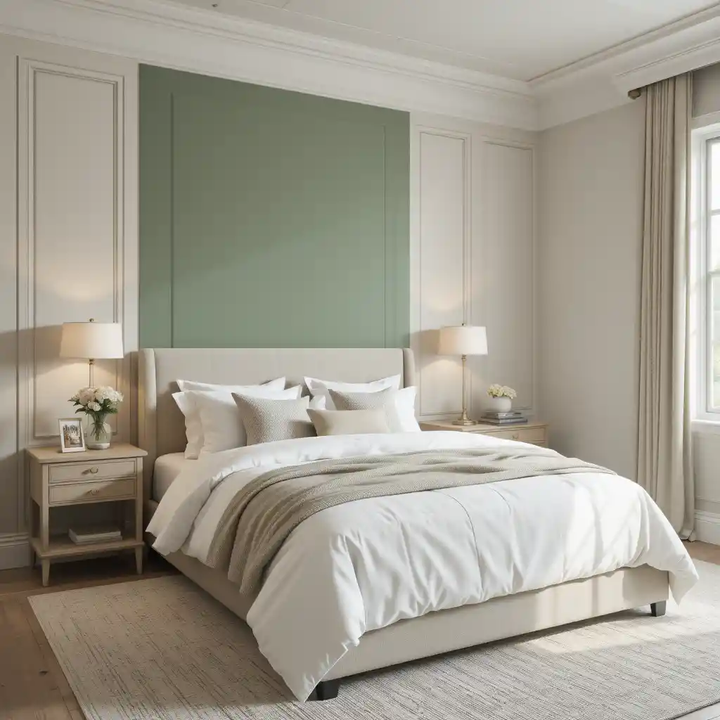 Sage Green Accent Wall in Neutral Bedroom