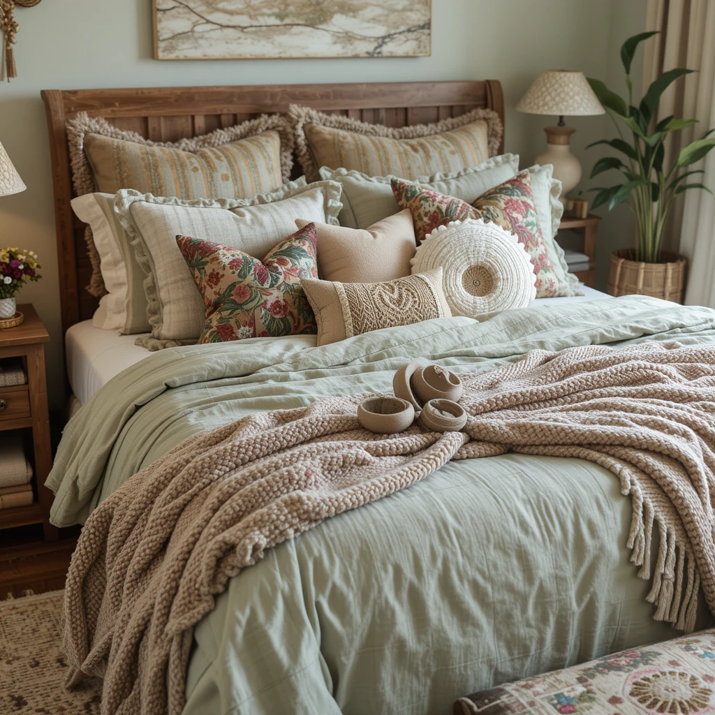 Sage Green Bedding with Boho Pillows