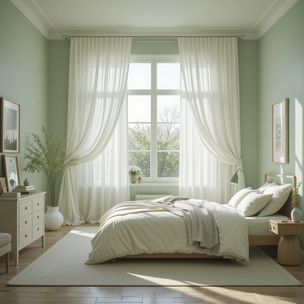 Sage Green Bedroom with White Curtains