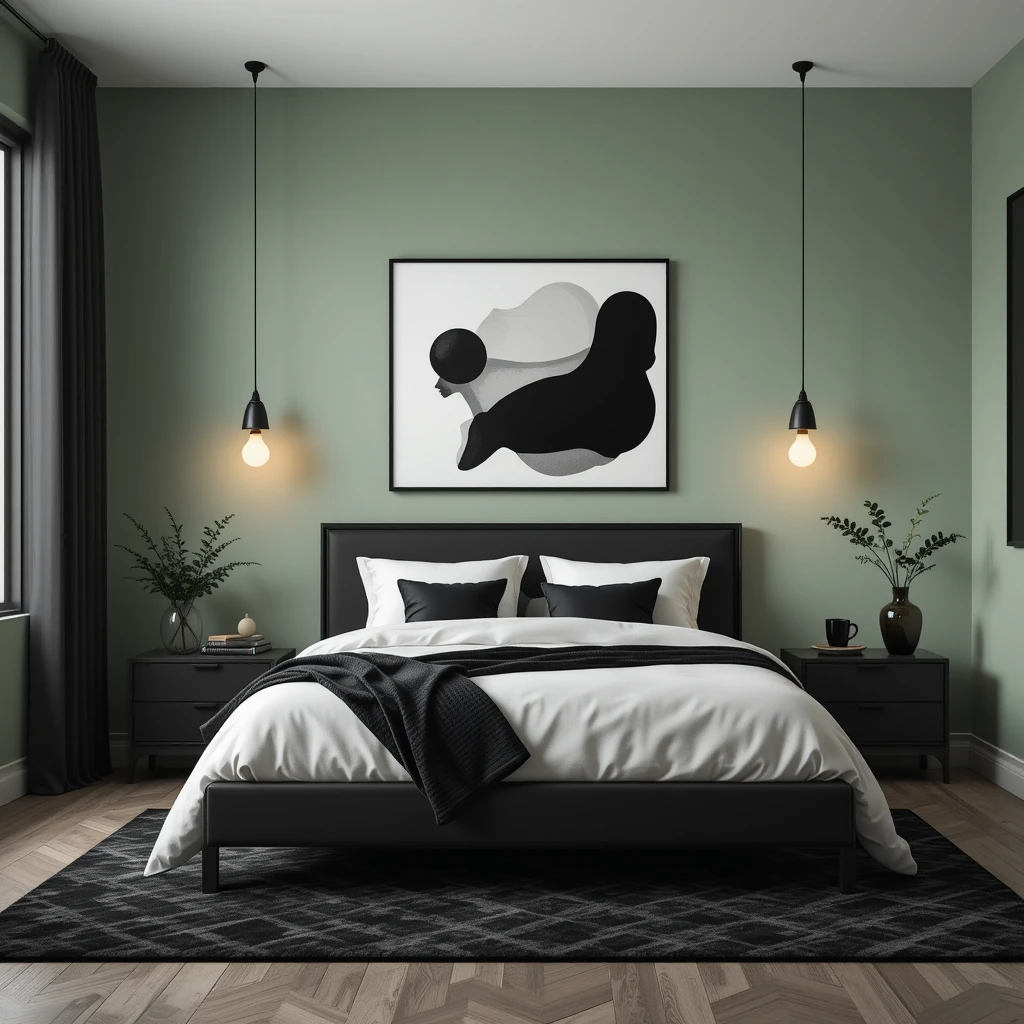 Sage Green and Black Contemporary Bedroom