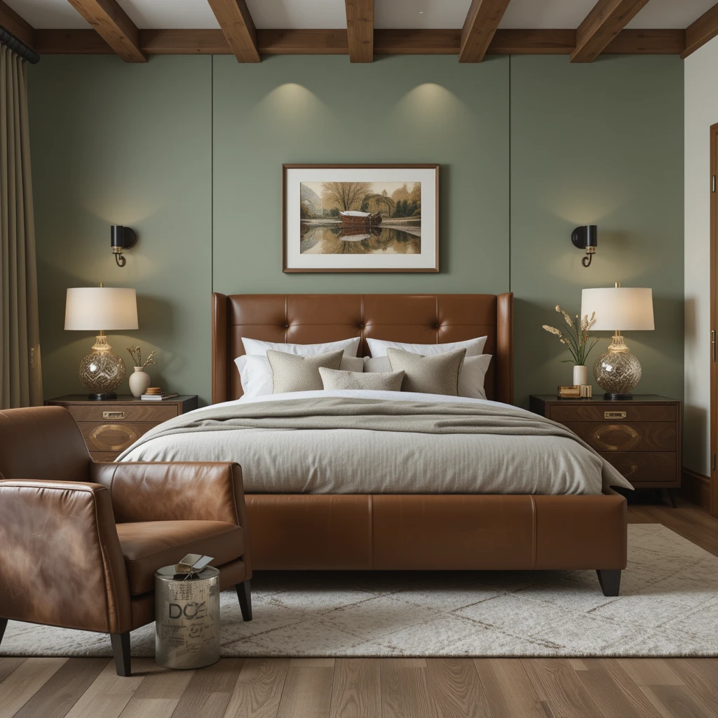 Sage Green and Brown Leather Bedroom