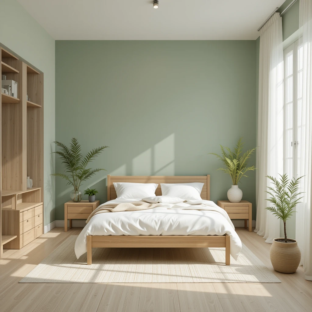 Sage Green and Light Wood Bedroom
