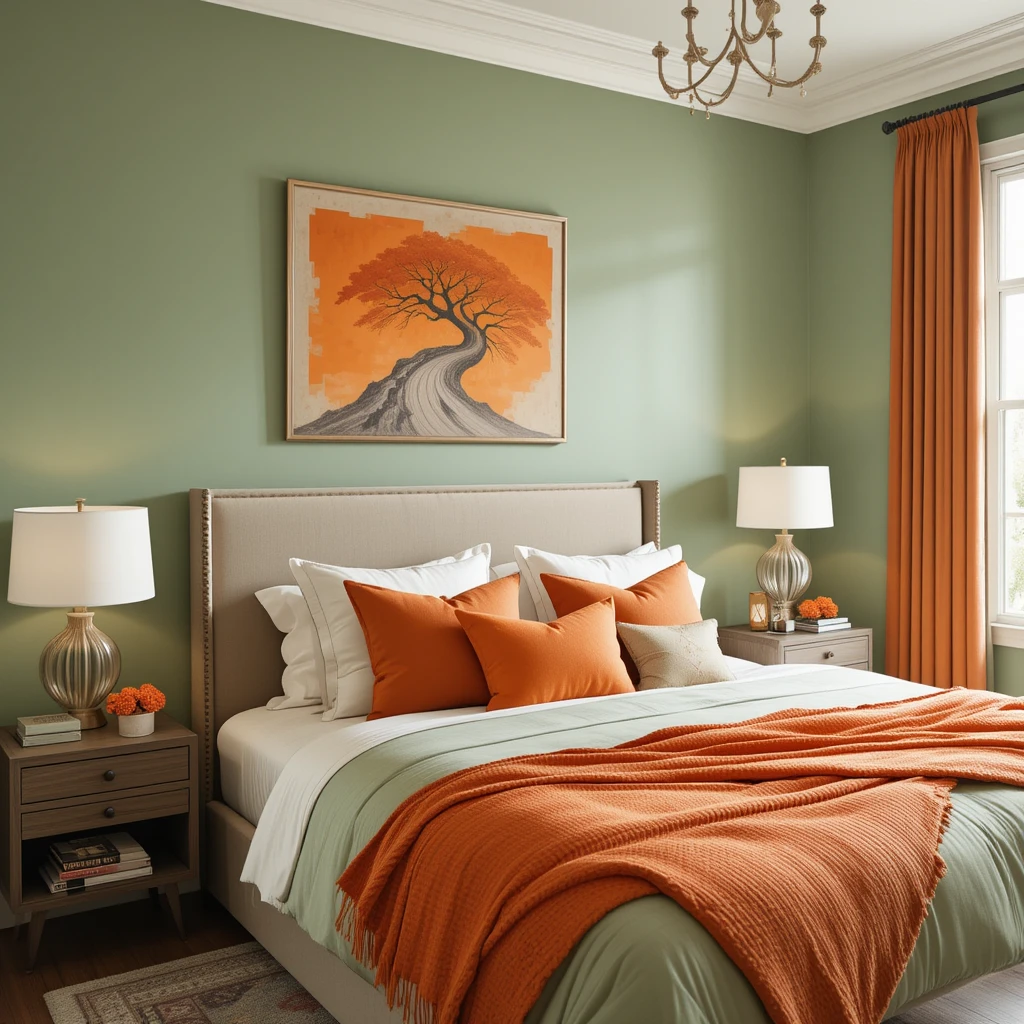 Sage Green and Orange Accents Bedroom