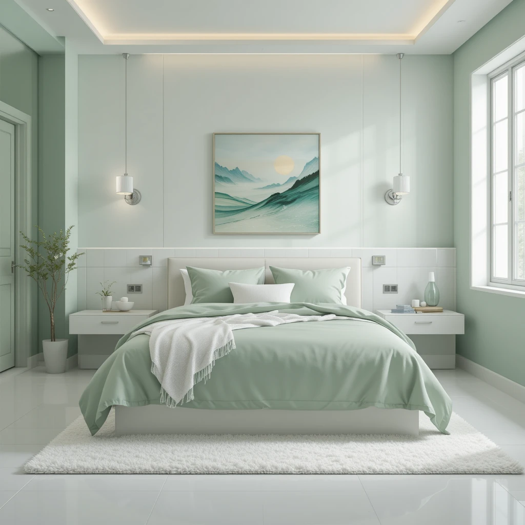 Sage Green and White Bathroom-Inspired Bedroom