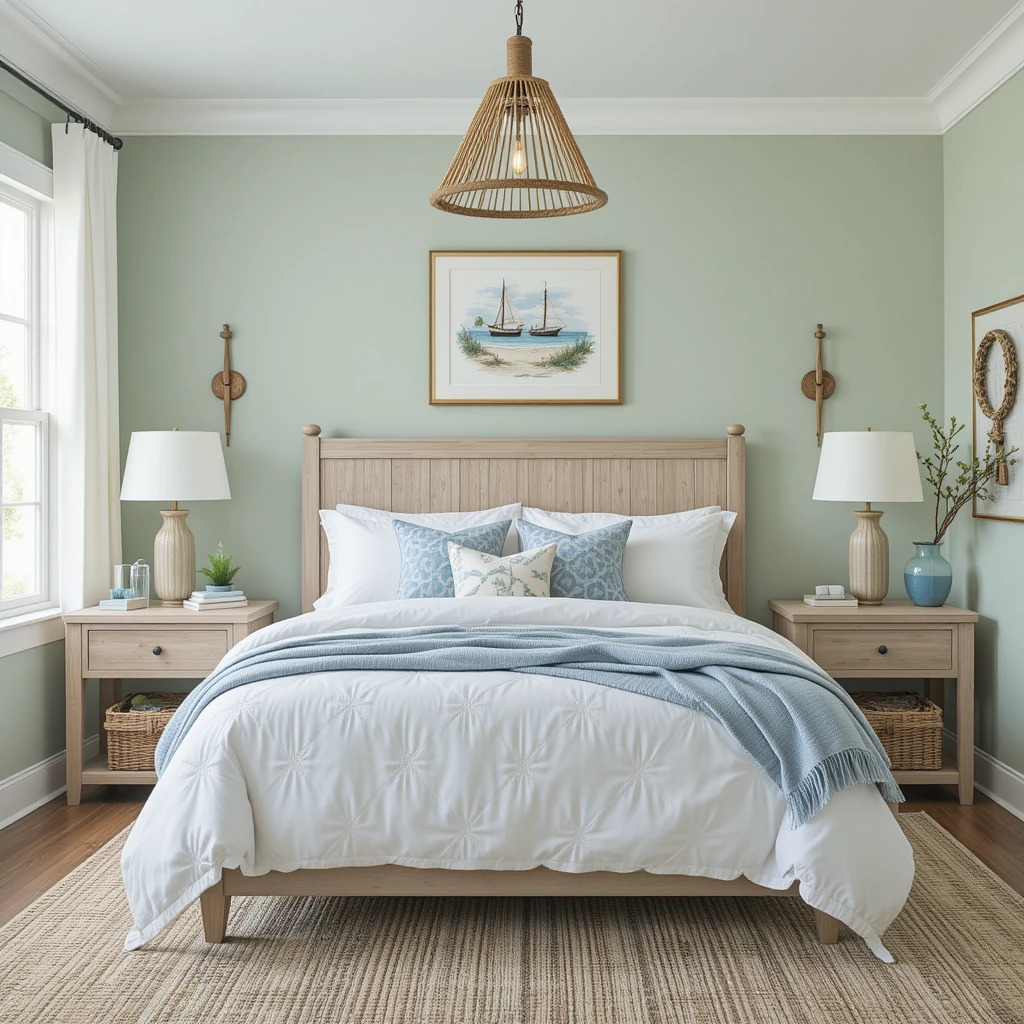 Sage Green and White Coastal Bedroom