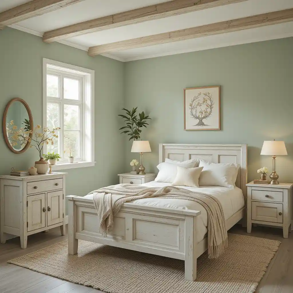 Sage Green and Whitewashed Wood Bedroom
