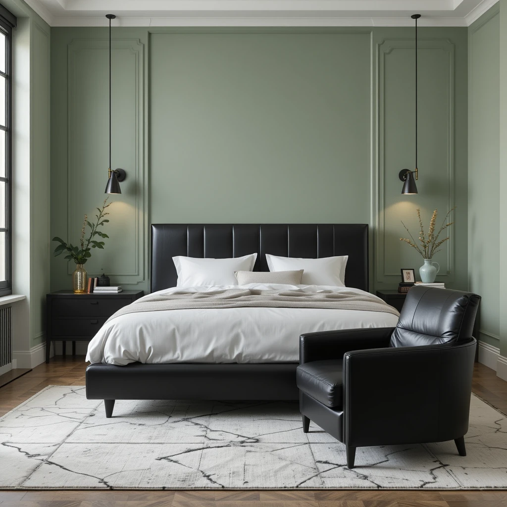 Sage Green with Black Leather Bedroom