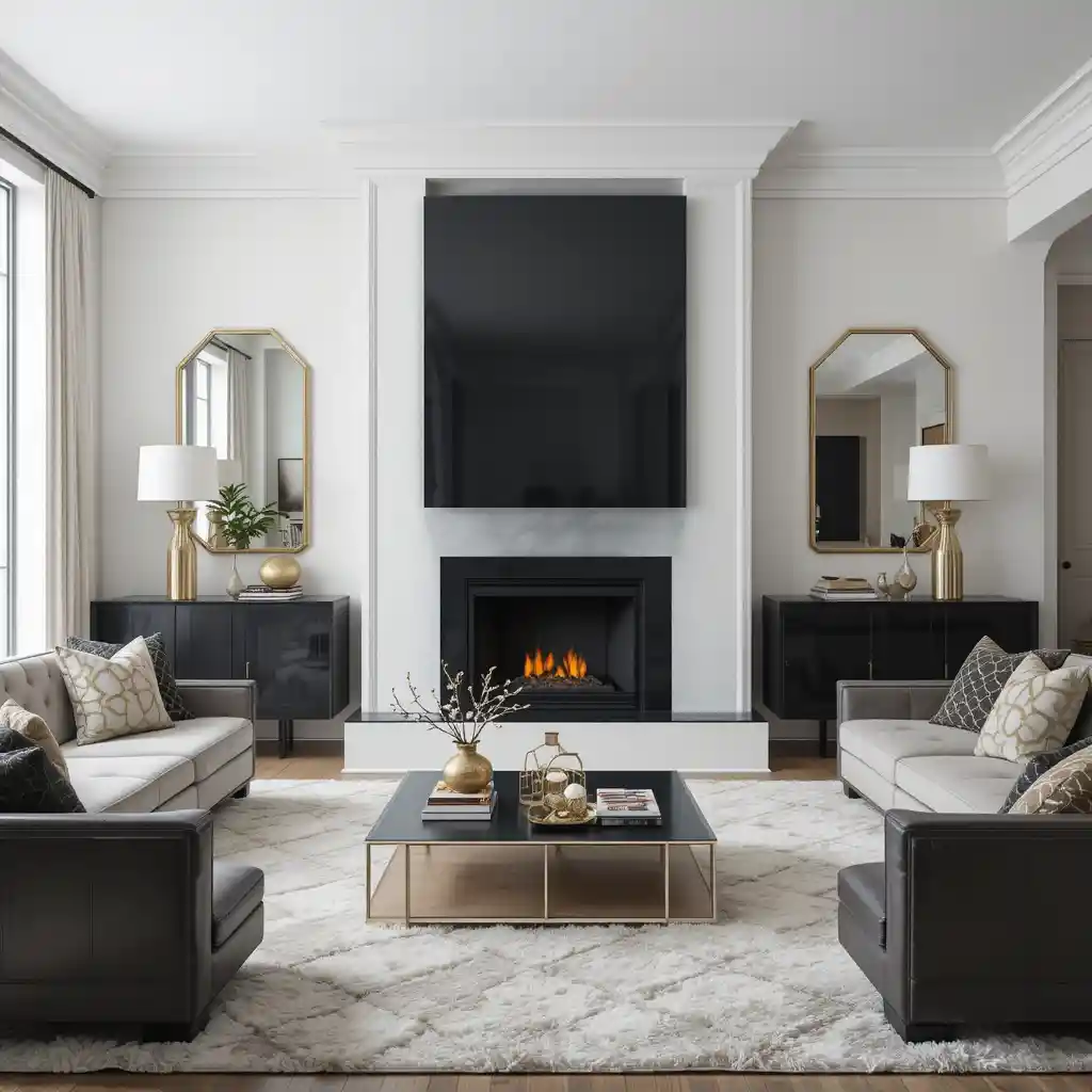 Sleek Black Fireplace with White Surround