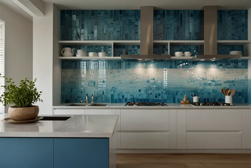 Sleek White Cabinets with Shimmering Blue Accents
