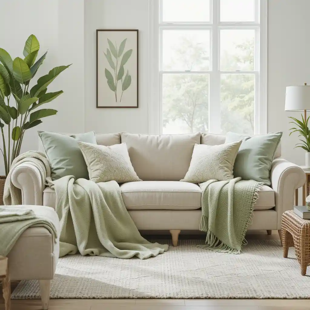 Soft Green Throw Blankets with Neutral Sofas