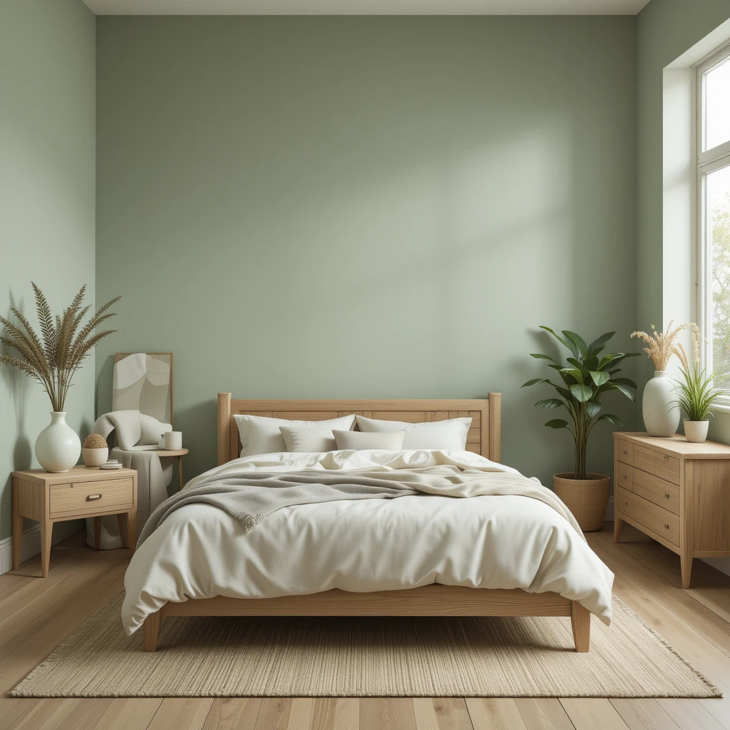 Soft Green and Natural Wood Bedroom