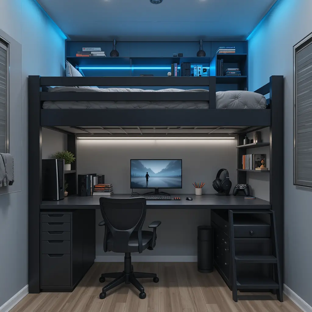 Space-Saving Loft Bed with Desk and Storage