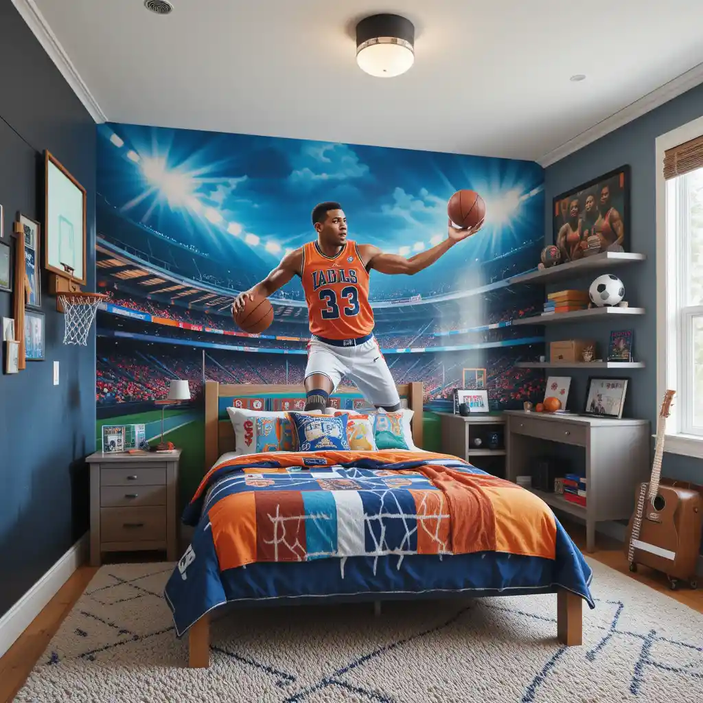 Sports-Themed Room with Bold Wall Murals