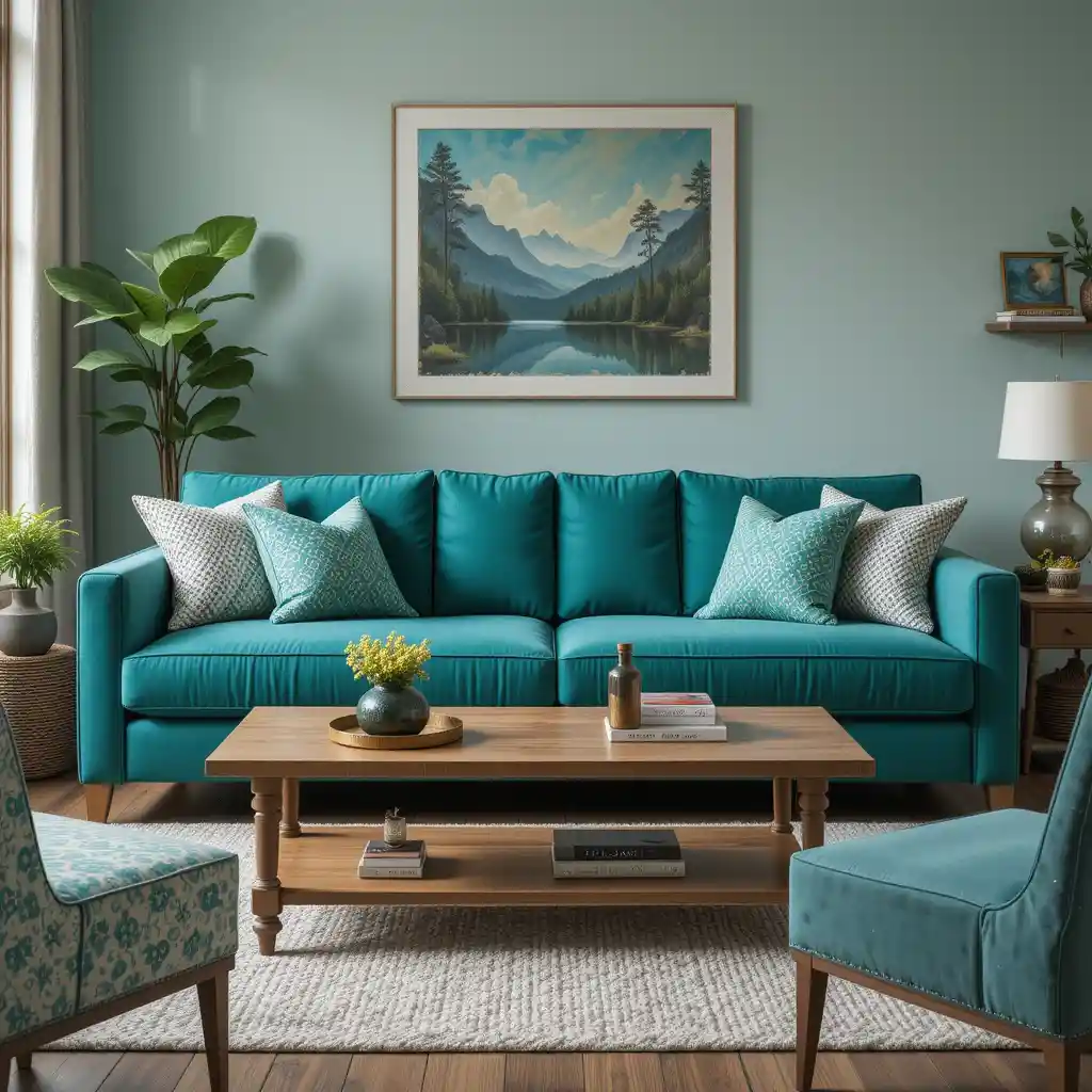 Teal Green Sofa with Wood Coffee Table