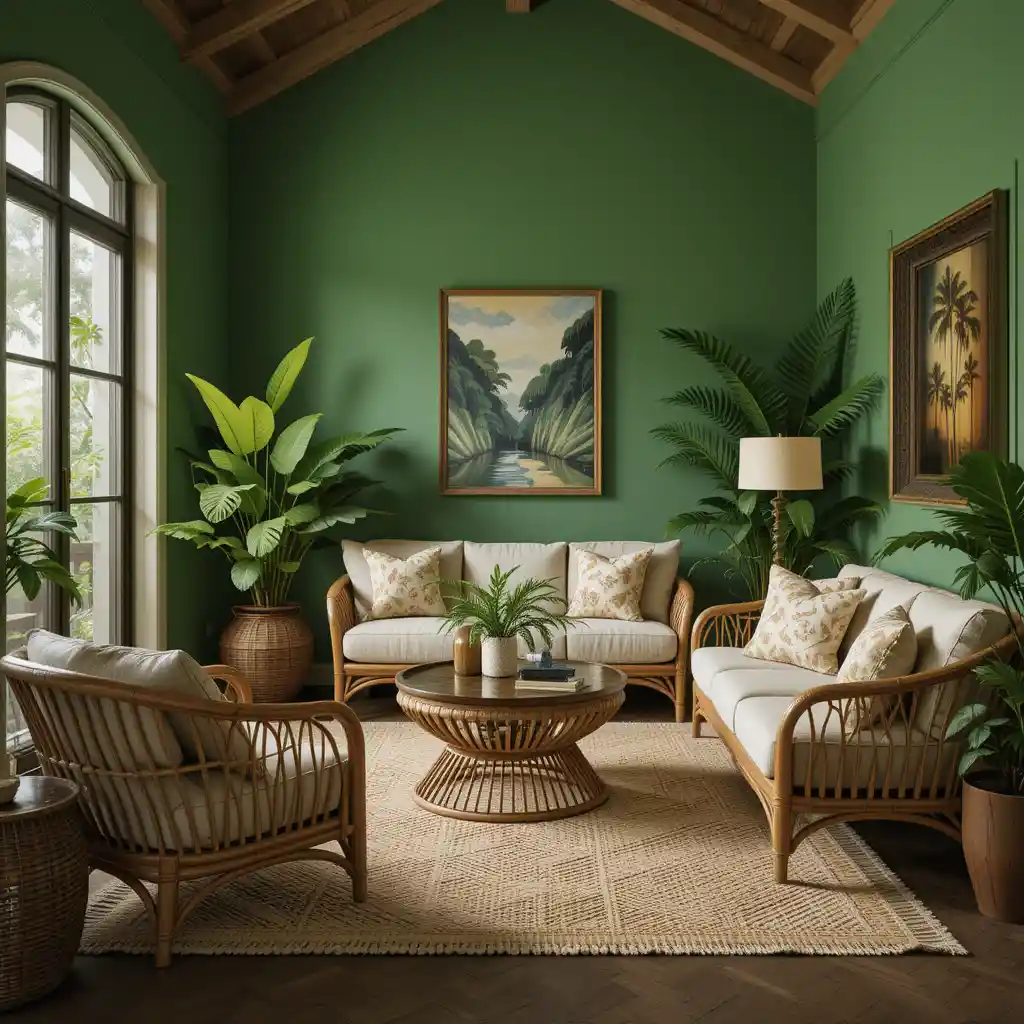 Tropical Green Walls with Rattan Furniture